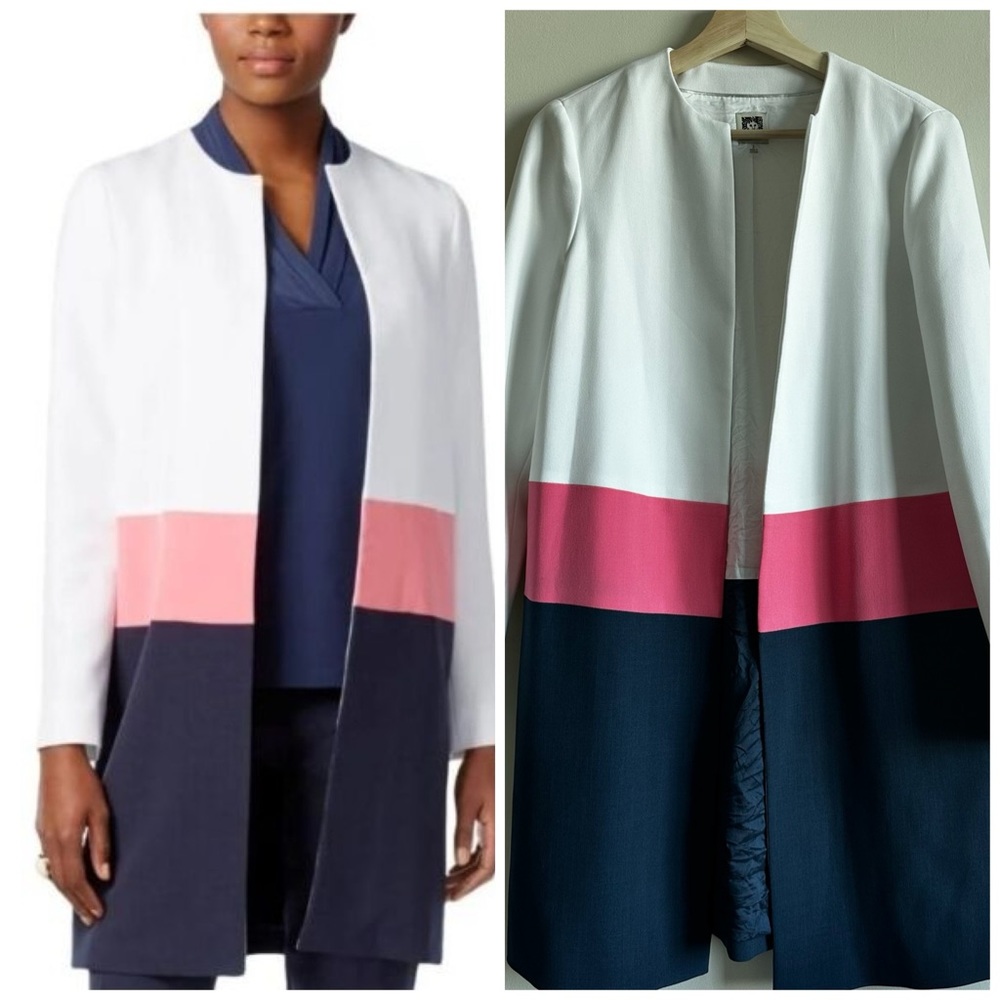 Anne Klein Color-blocked Open Front Long Blazer